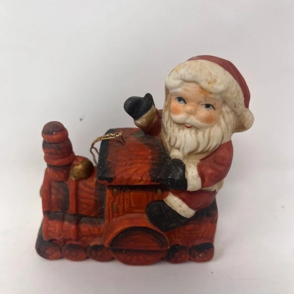 Vintage Santa Claus on Train Engine Christmas Ornament Red Ceramic Kitsch Retro